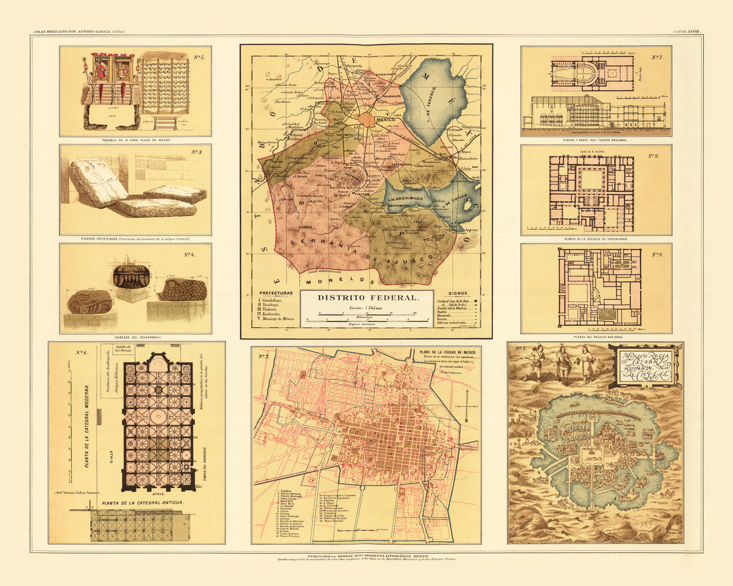 Vintage Map of Mexico City, Mexico, 1886