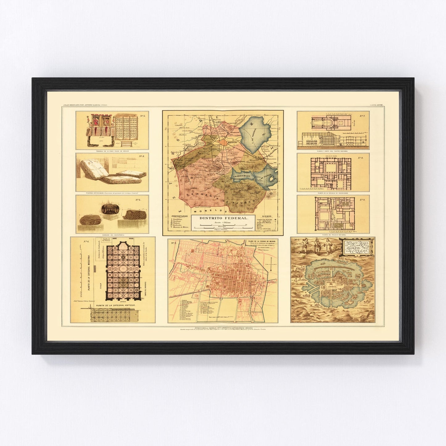 vintage map of Mexico City, Mexico, 1886