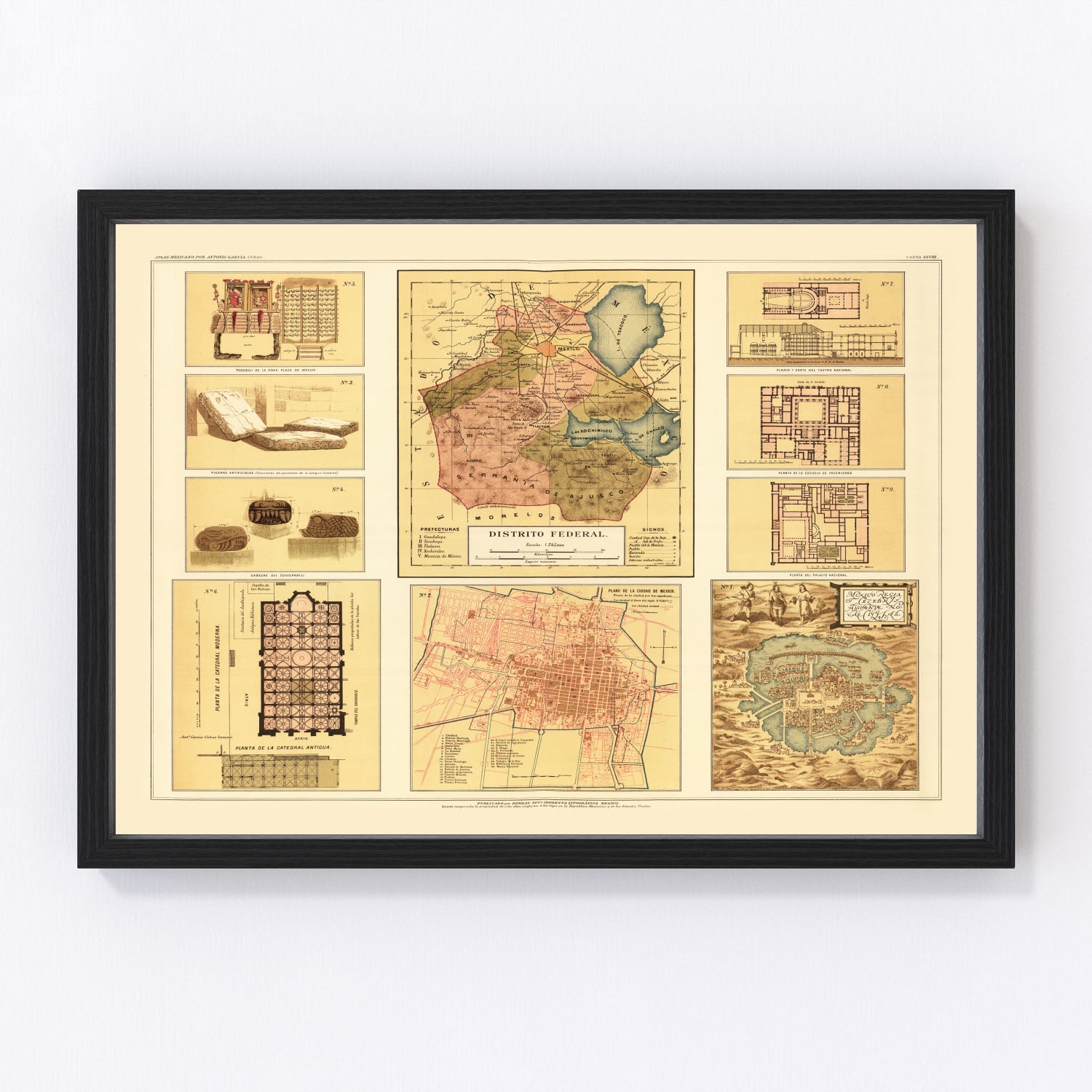 vintage map of Mexico City, Mexico, 1886