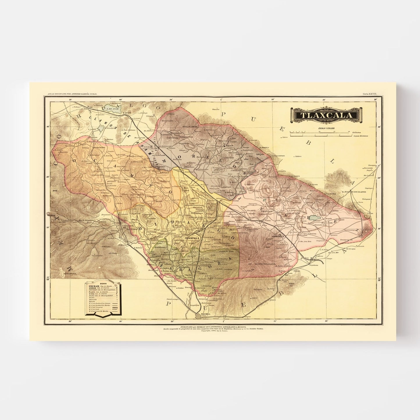 Vintage Map of Tlaxcala, Mexico, 1886