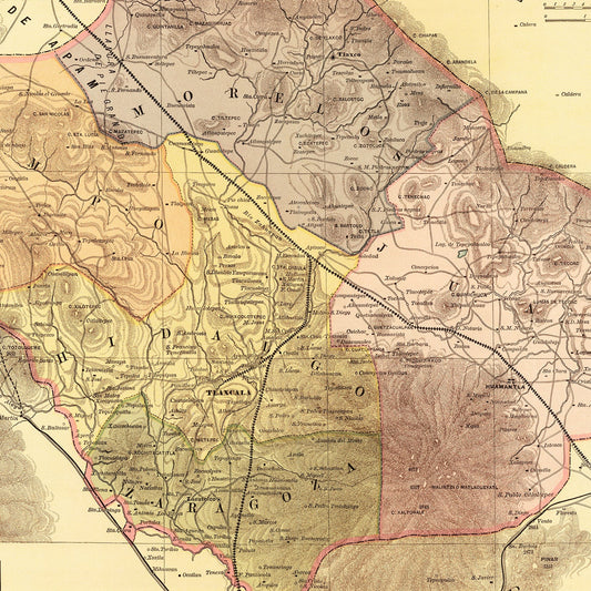 Vintage Map of Tlaxcala, Mexico, 1886