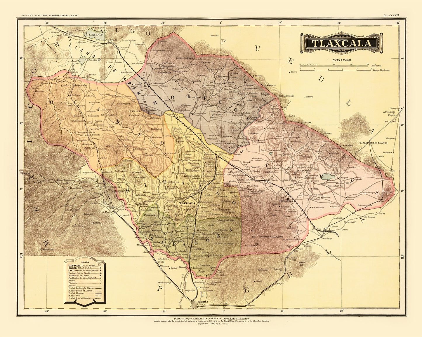 Vintage Map of Tlaxcala, Mexico, 1886
