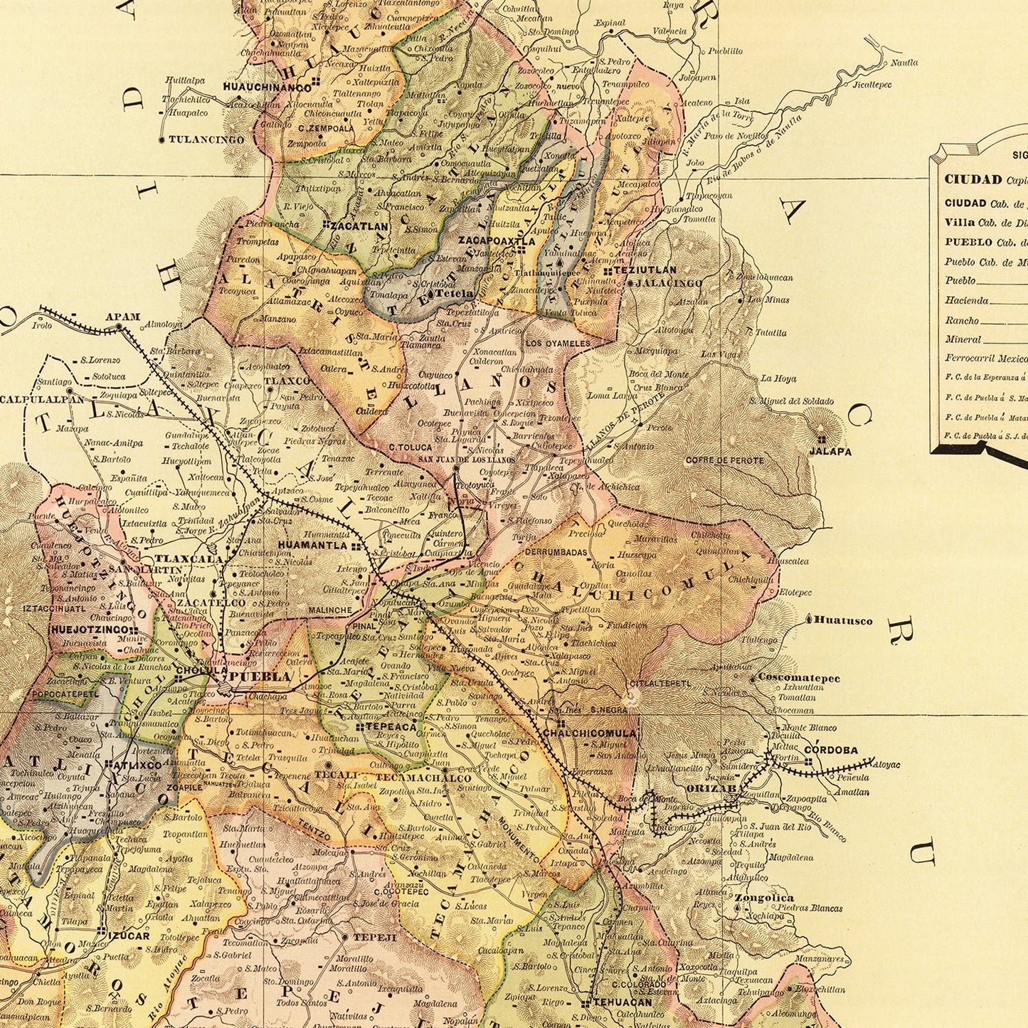 Vintage Map of Puebla, Mexico, 1886