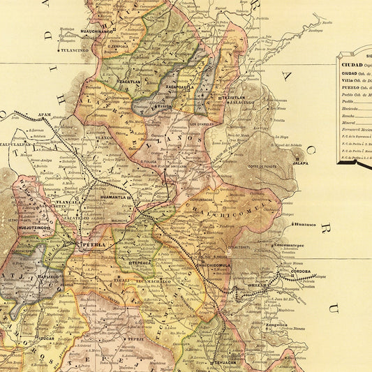 Vintage Map of Puebla, Mexico, 1886
