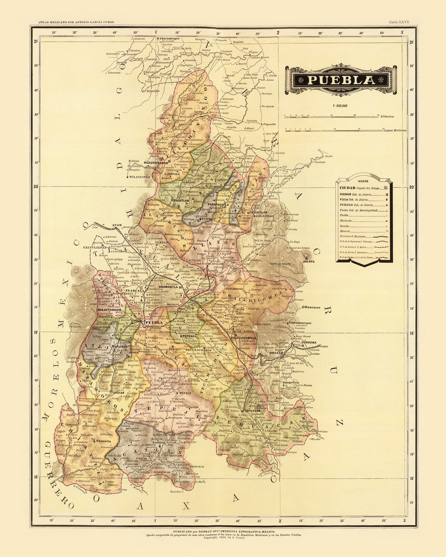 Vintage Map of Puebla, Mexico, 1886