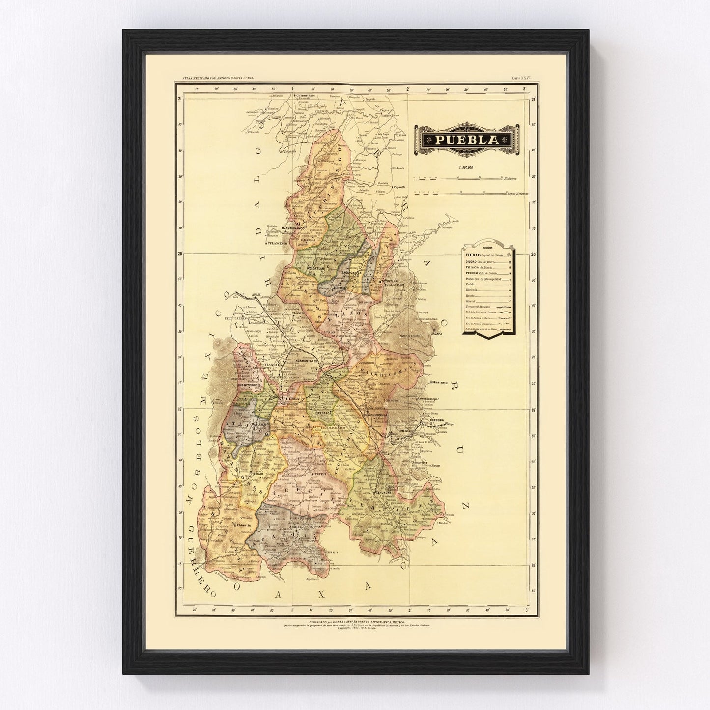 Vintage map of Puebla, Mexico, 1886