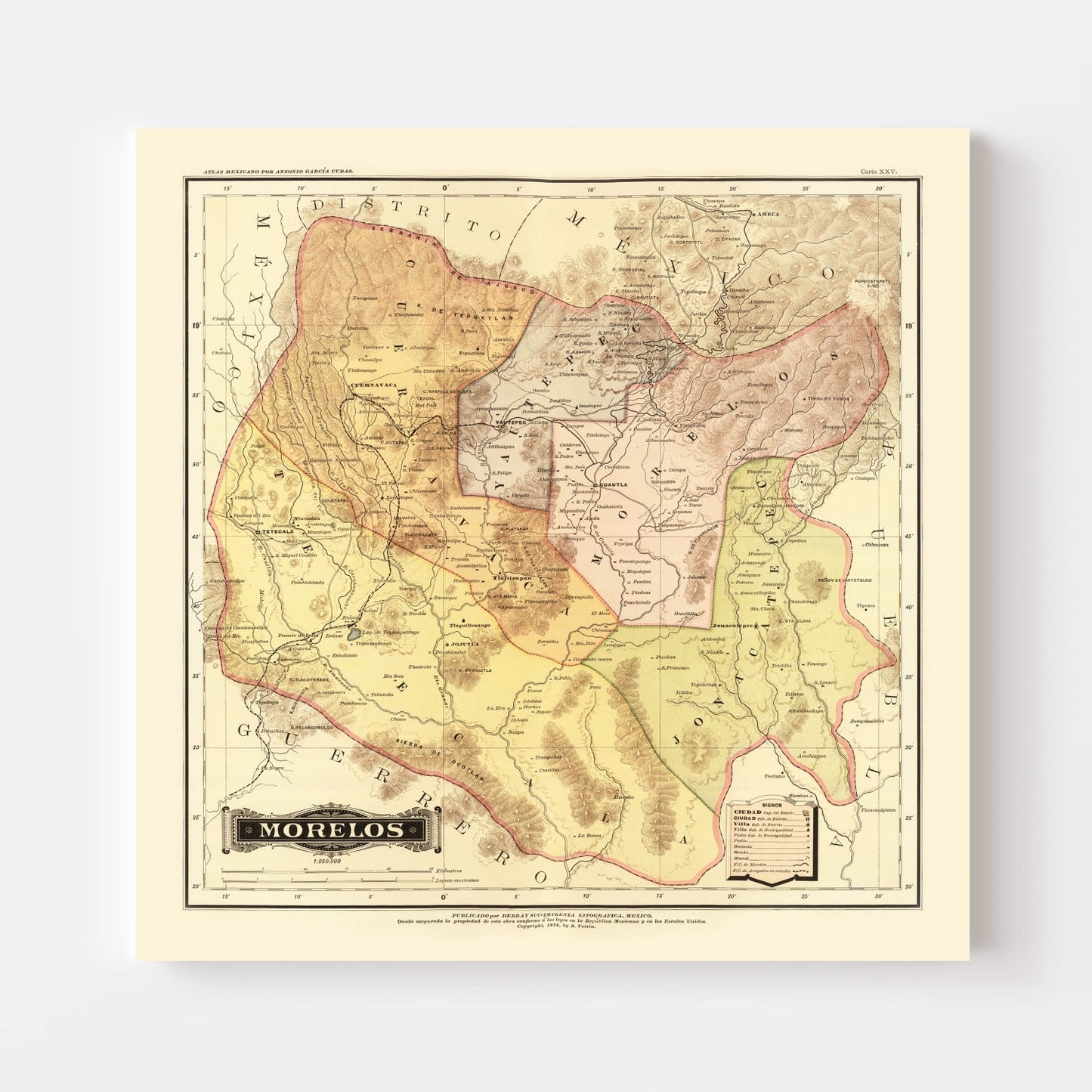 Vintage Map of Morelos, Mexico, 1886