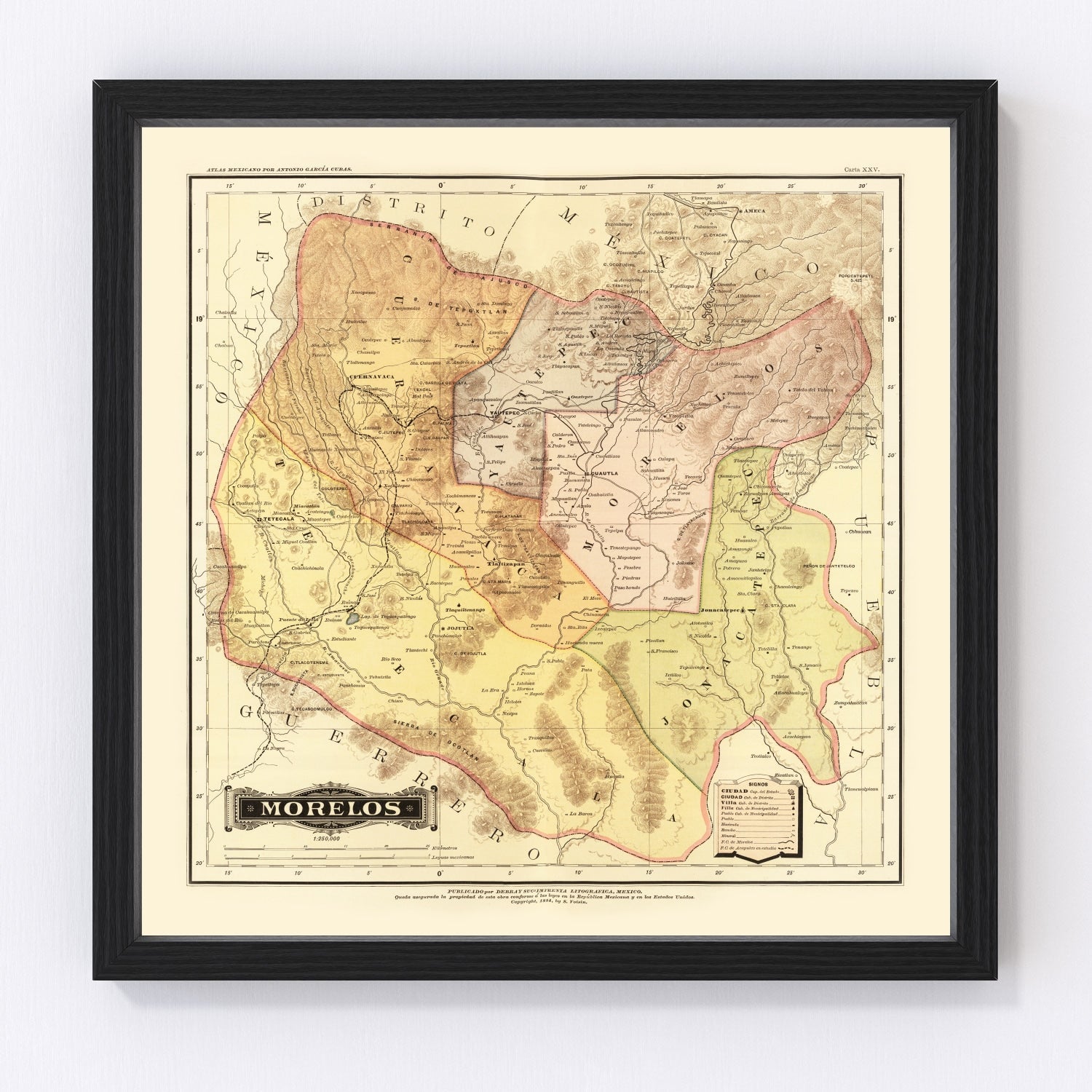 Vintage map of Morelos, Mexico, 1886