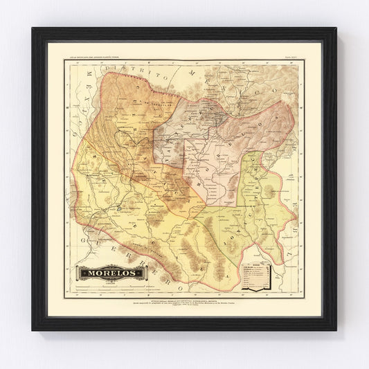Vintage map of Morelos, Mexico, 1886