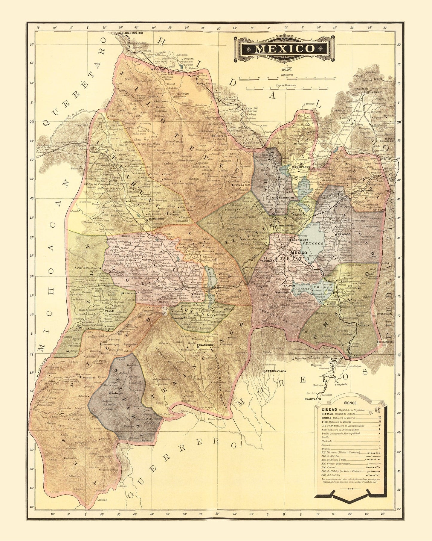 Vintage Map of Mexico, 1886