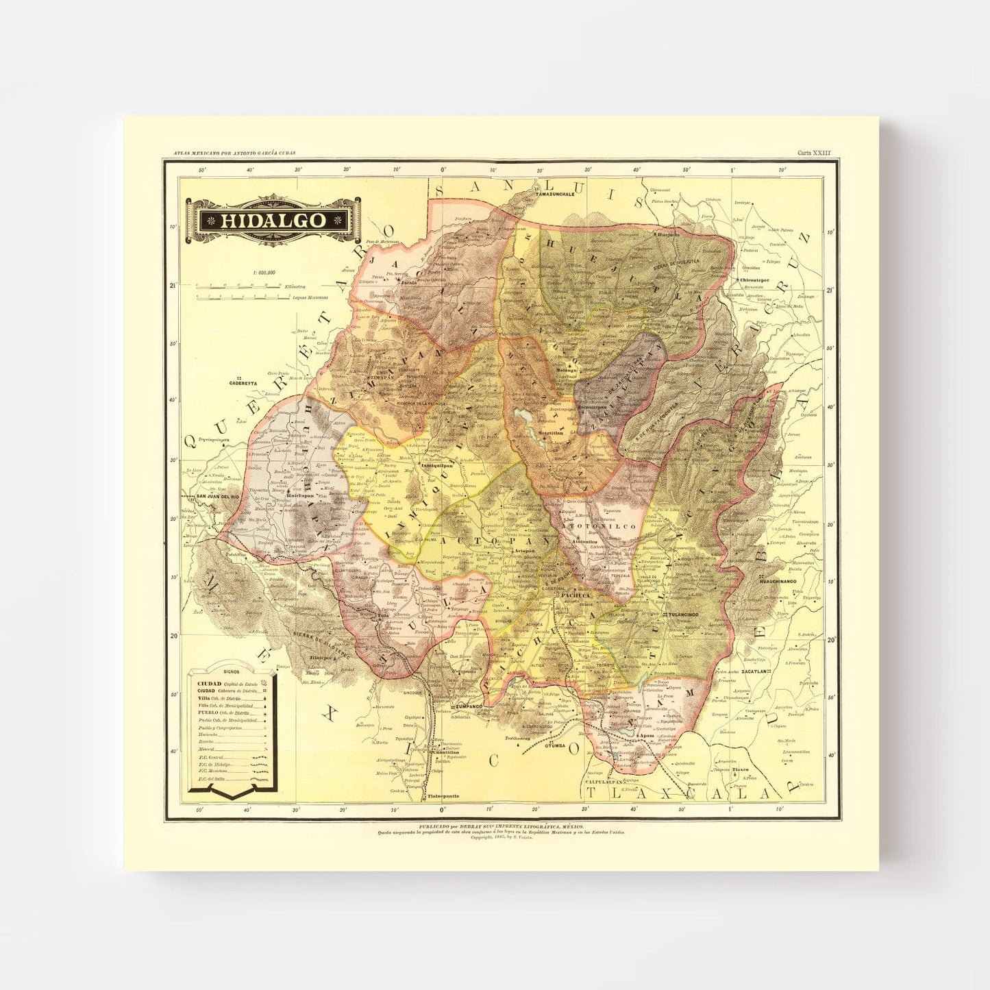 Vintage Map of Hidalgo, Mexico, 1886