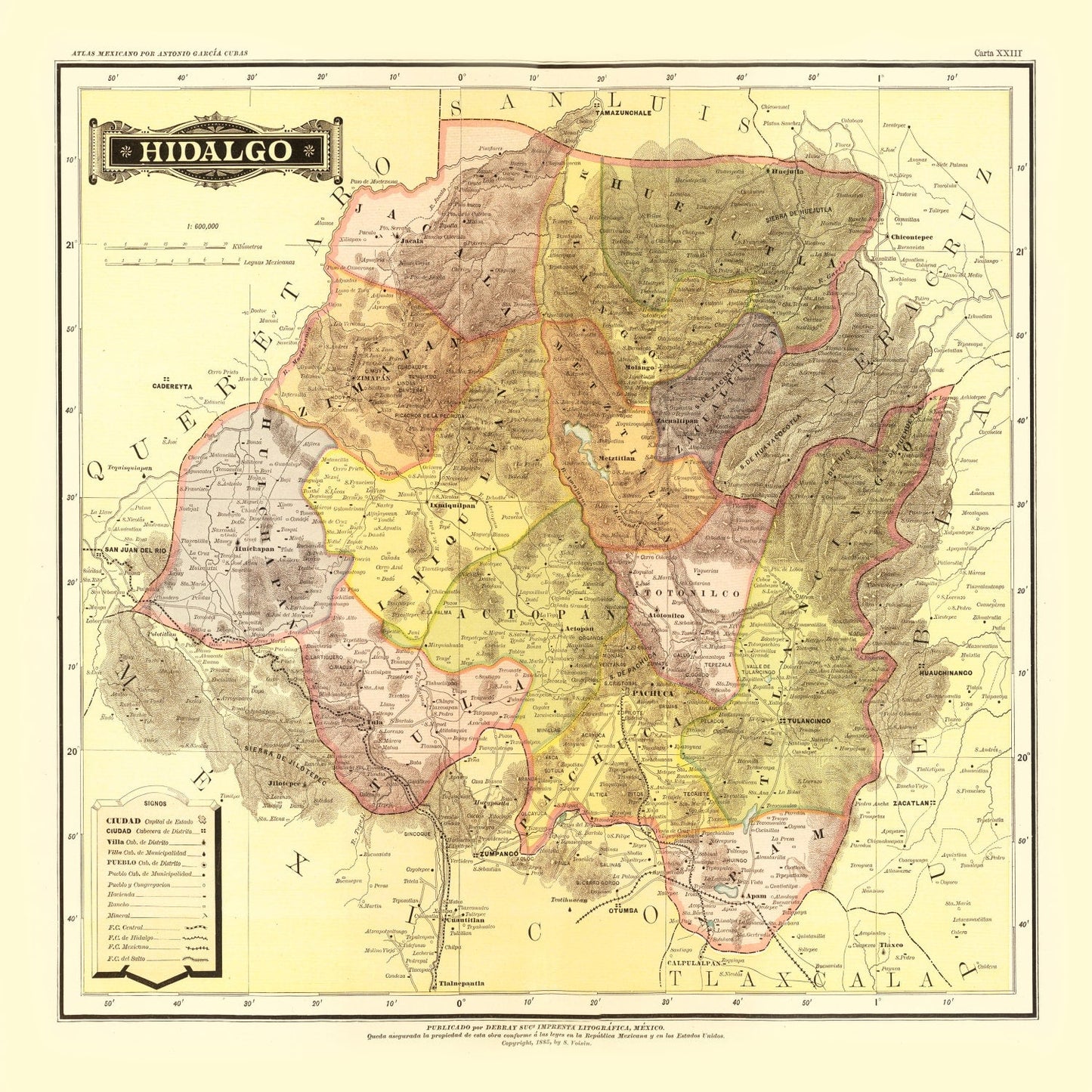Vintage Map of Hidalgo, Mexico, 1886