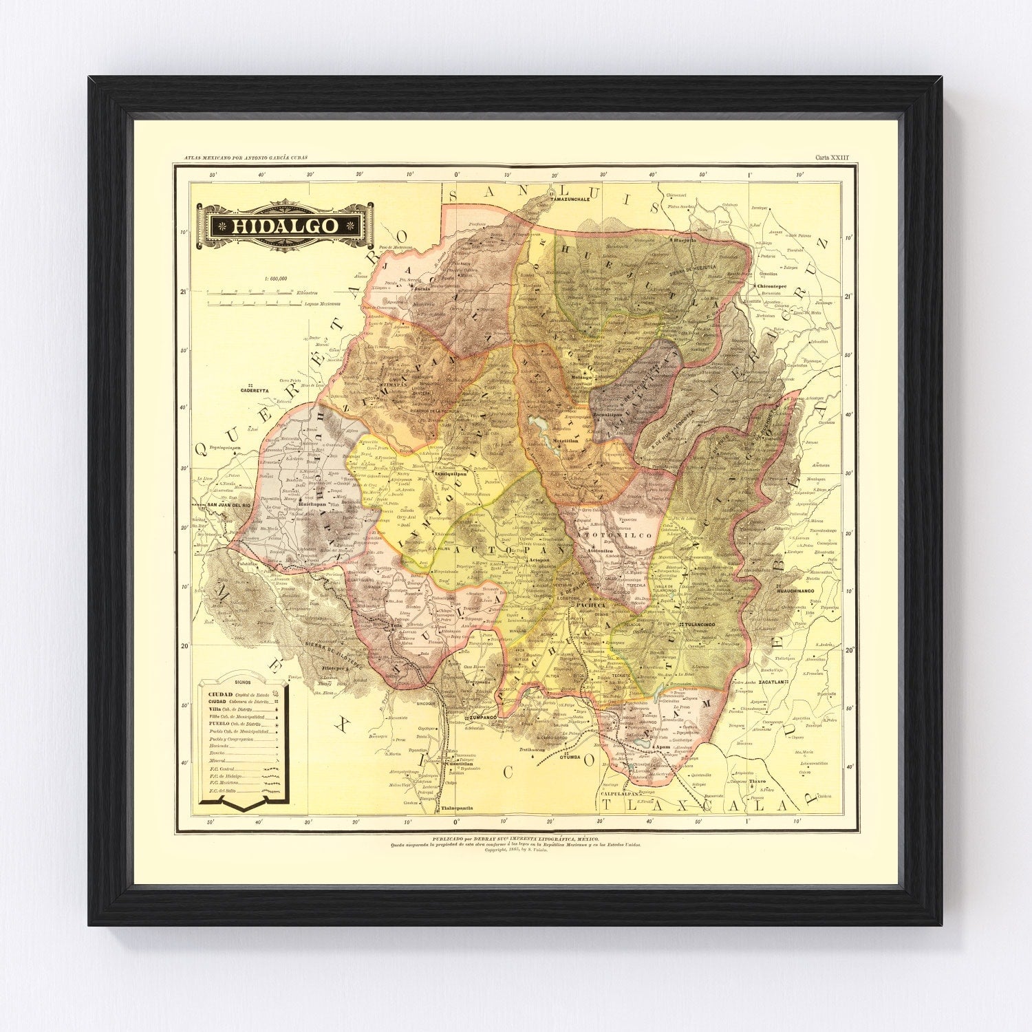 vintage map of Hidalgo, Mexico, 1886