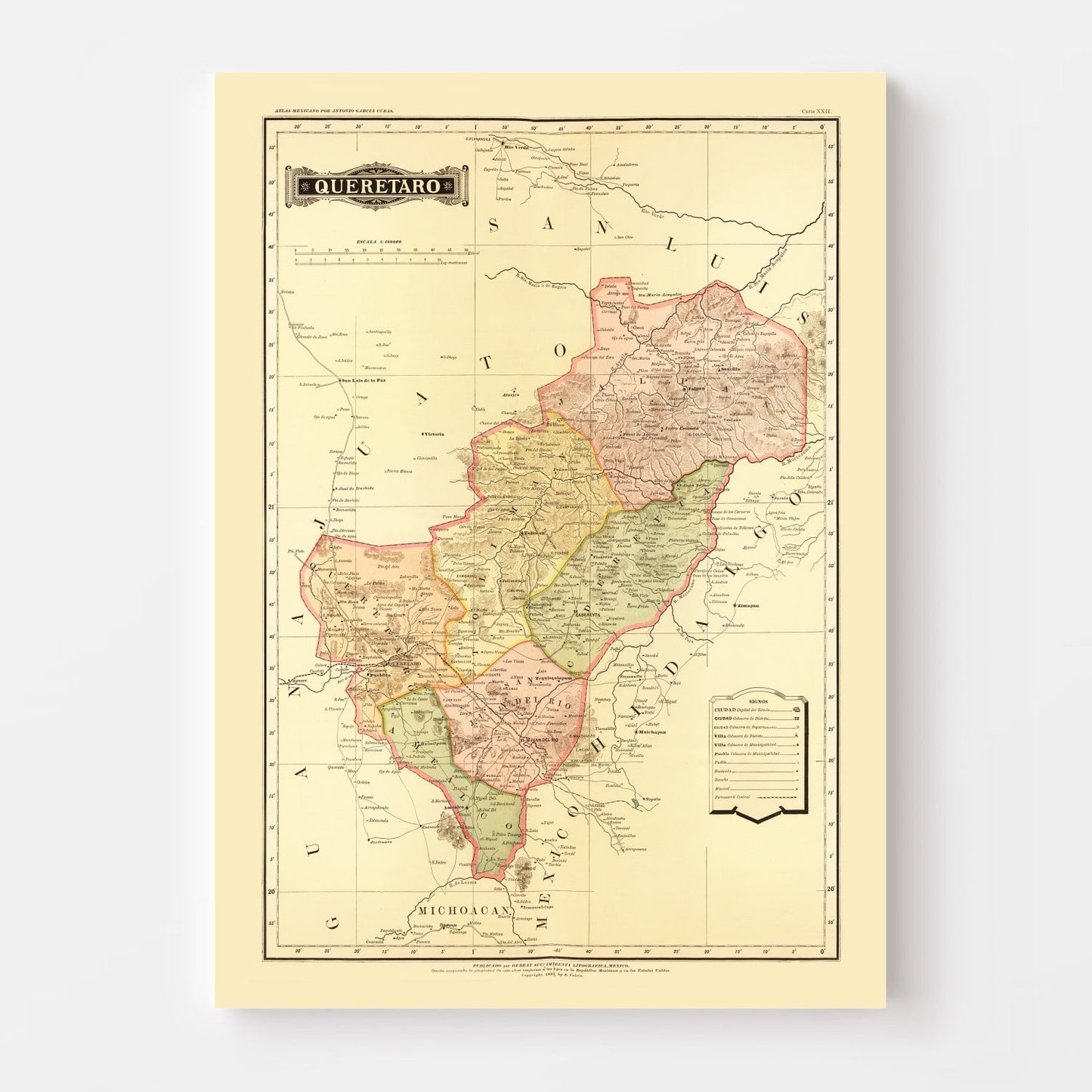 Vintage Map of Queretaro, Mexico, 1886
