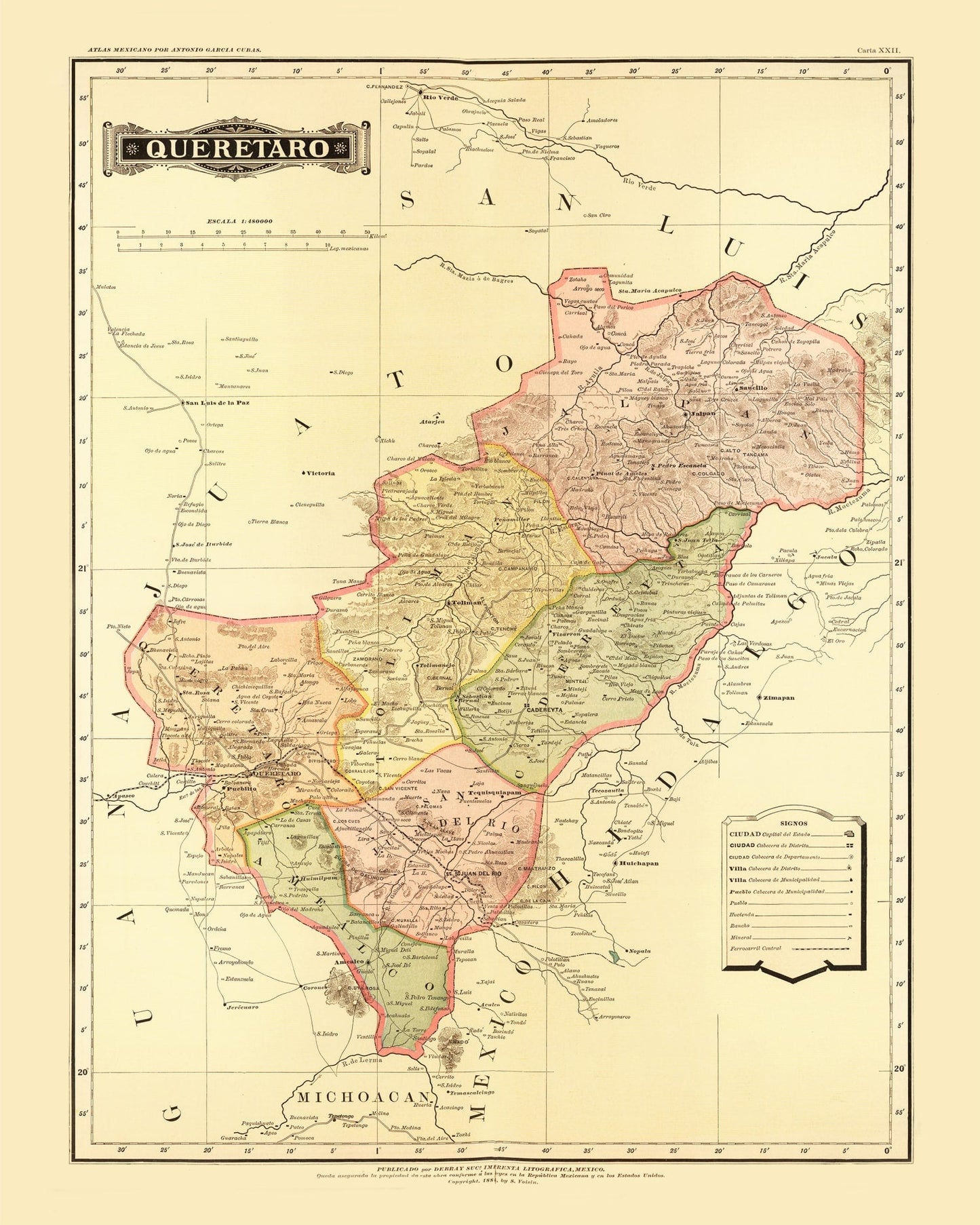 Vintage Map of Queretaro, Mexico, 1886