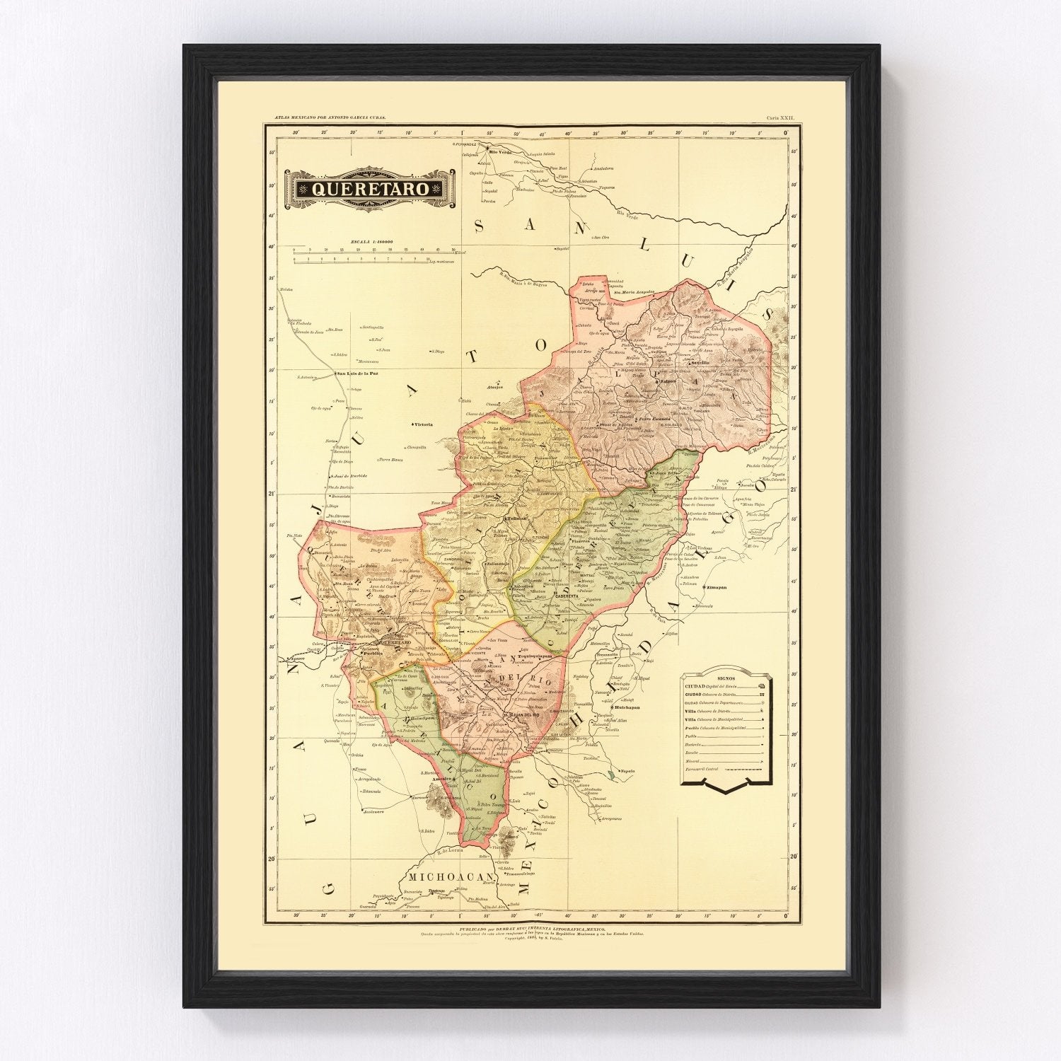 Vintage map of Queretaro, Mexico, 1886