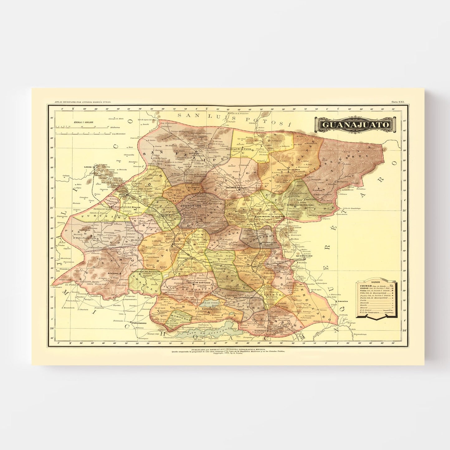 Vintage Map of Guanajuato, Mexico, 1886
