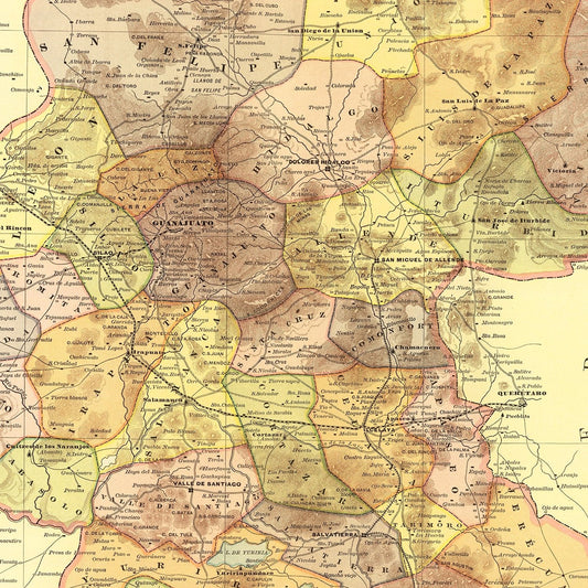 Vintage Map of Guanajuato, Mexico, 1886