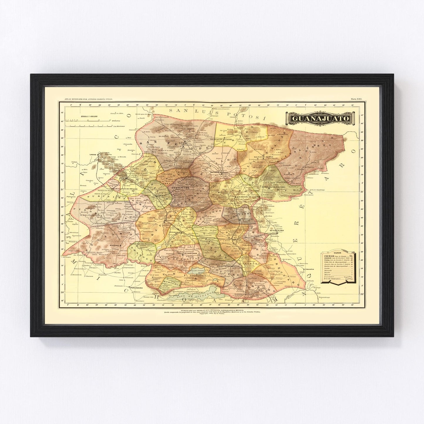 vintage map of Guanajuato, Mexico, 1886