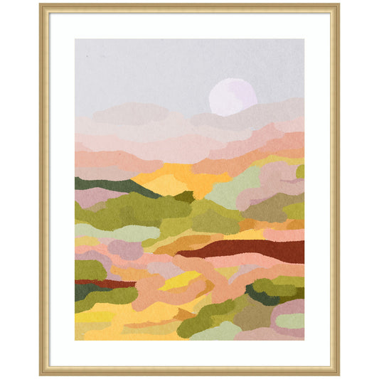 Tranquil countryside landscape with rolling fields and open sky in a wood frame