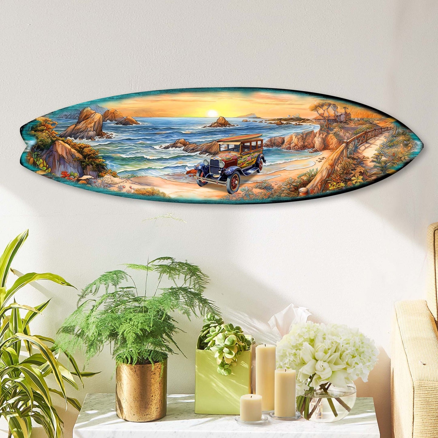 Beach Sunrise Surfboard Wood Wall Art - Coastal Decor