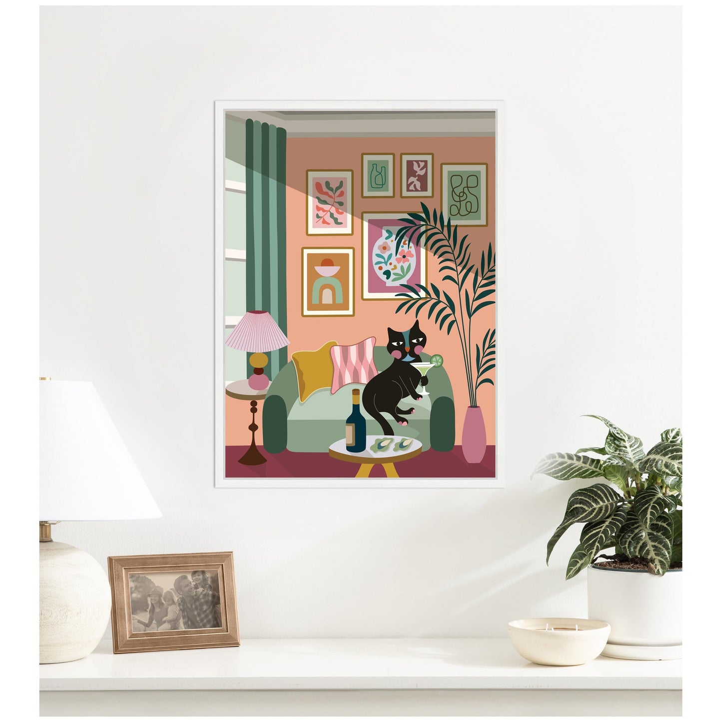 Cocktail Cat Framed Canvas Wall Art