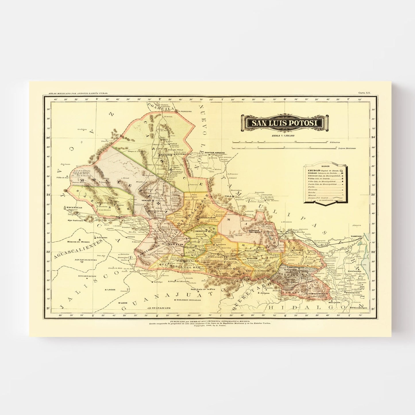 Vintage Map of San Luis Potosi, Mexico, 1886