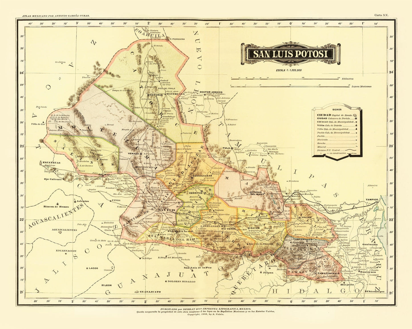 Vintage Map of San Luis Potosi, Mexico, 1886