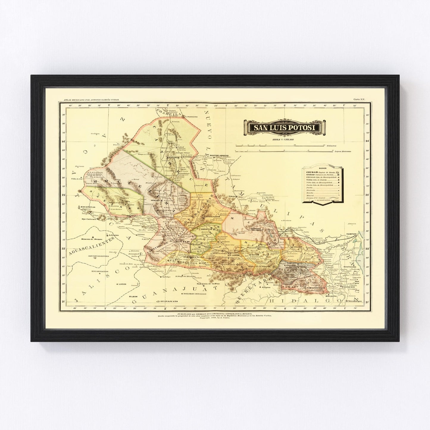 Vintage map of San Luis Potosi, Mexico, 1886