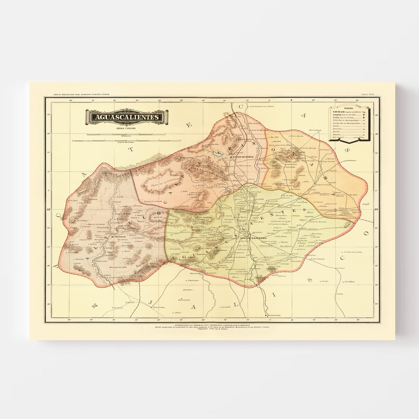 Vintage Map of Aguascalientes, Mexico, 1886