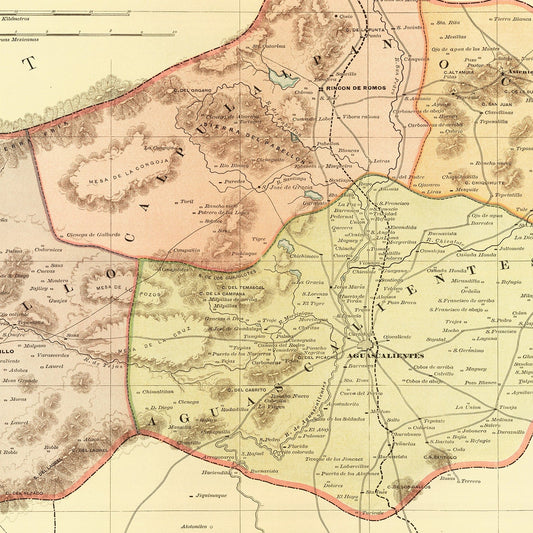 Vintage Map of Aguascalientes, Mexico, 1886