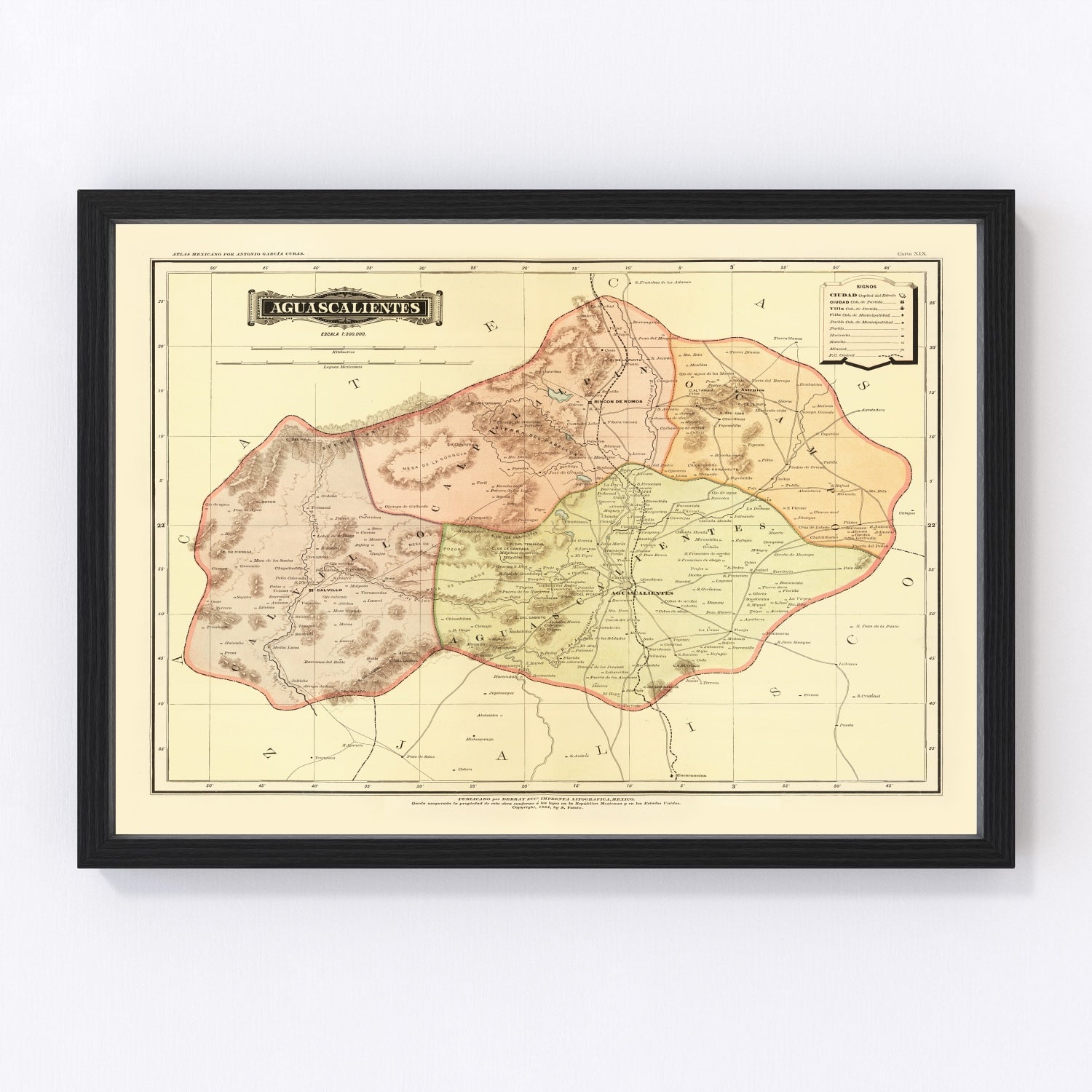 Vintage map of Aguascalientes, Mexico, 1886 - restored print