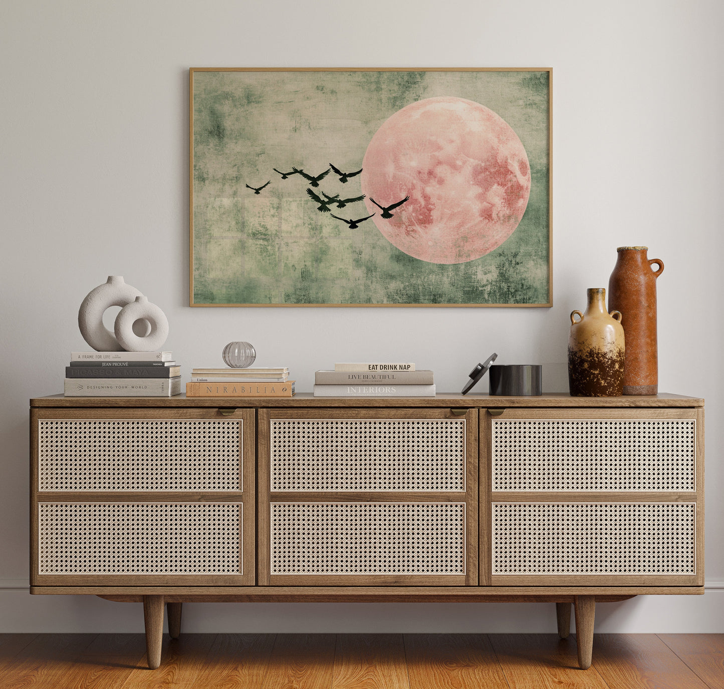 Pink Moon Wall Art - Minimalist Birds in Flight Print
