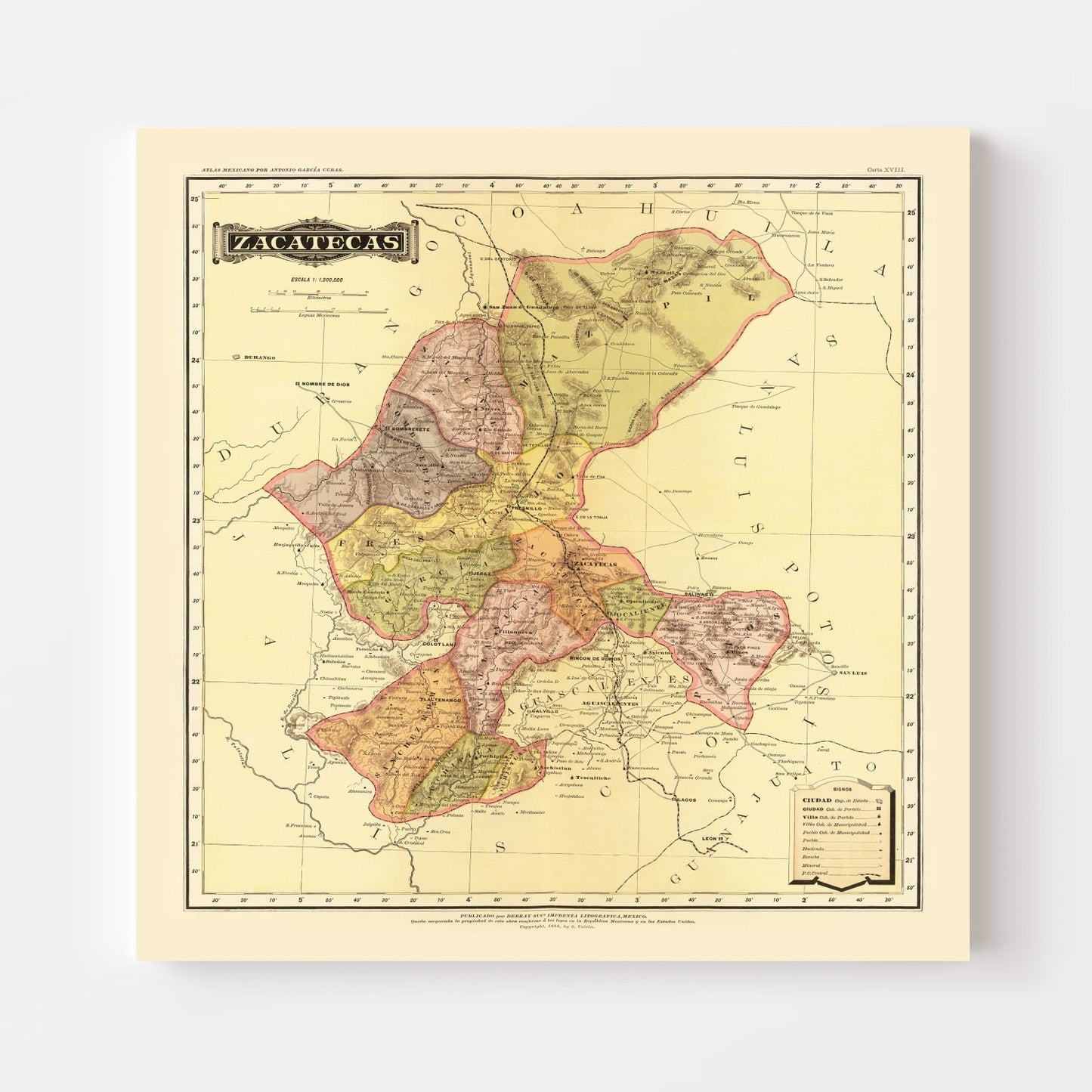 Vintage Map of Zacatecas, Mexico, 1886
