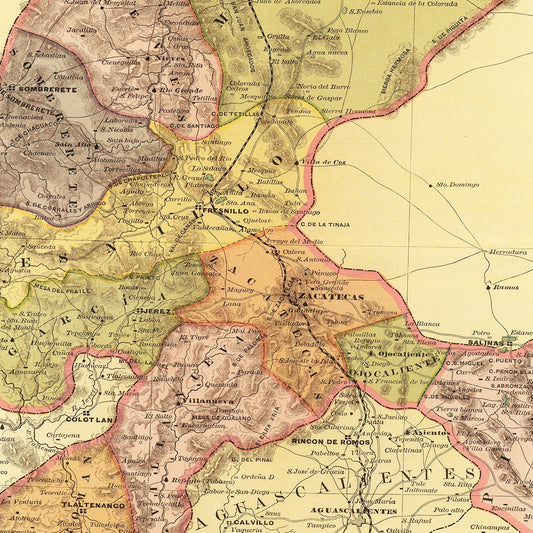 Vintage Map of Zacatecas, Mexico, 1886
