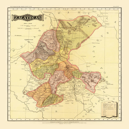 Vintage Map of Zacatecas, Mexico, 1886