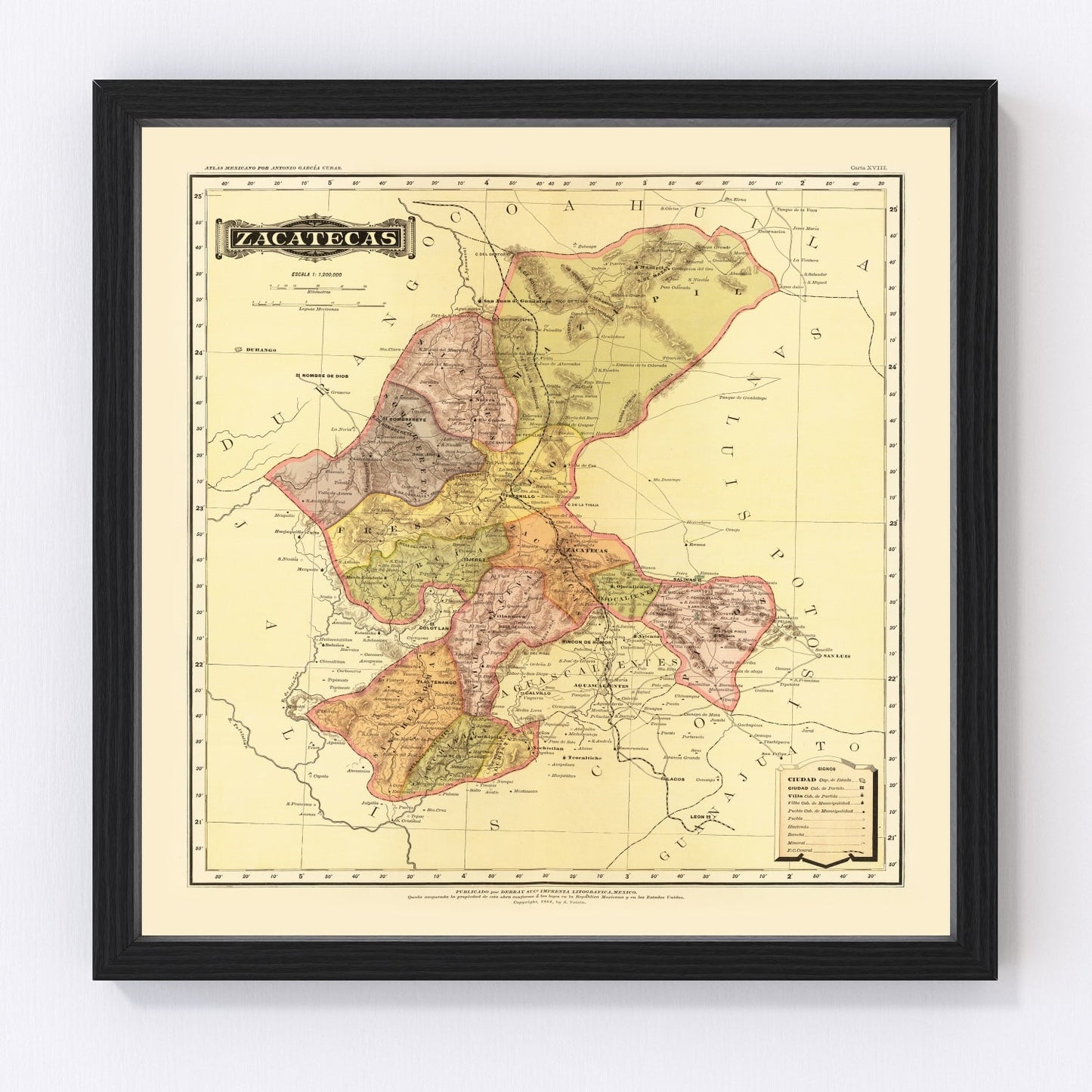 Vintage 1886 map of Zacatecas Mexico, digitally restored print