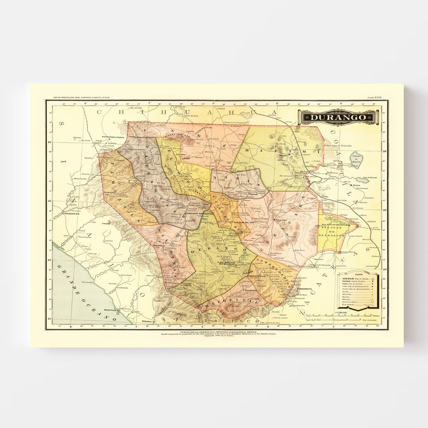 Vintage Map of Durango, Mexico, 1886