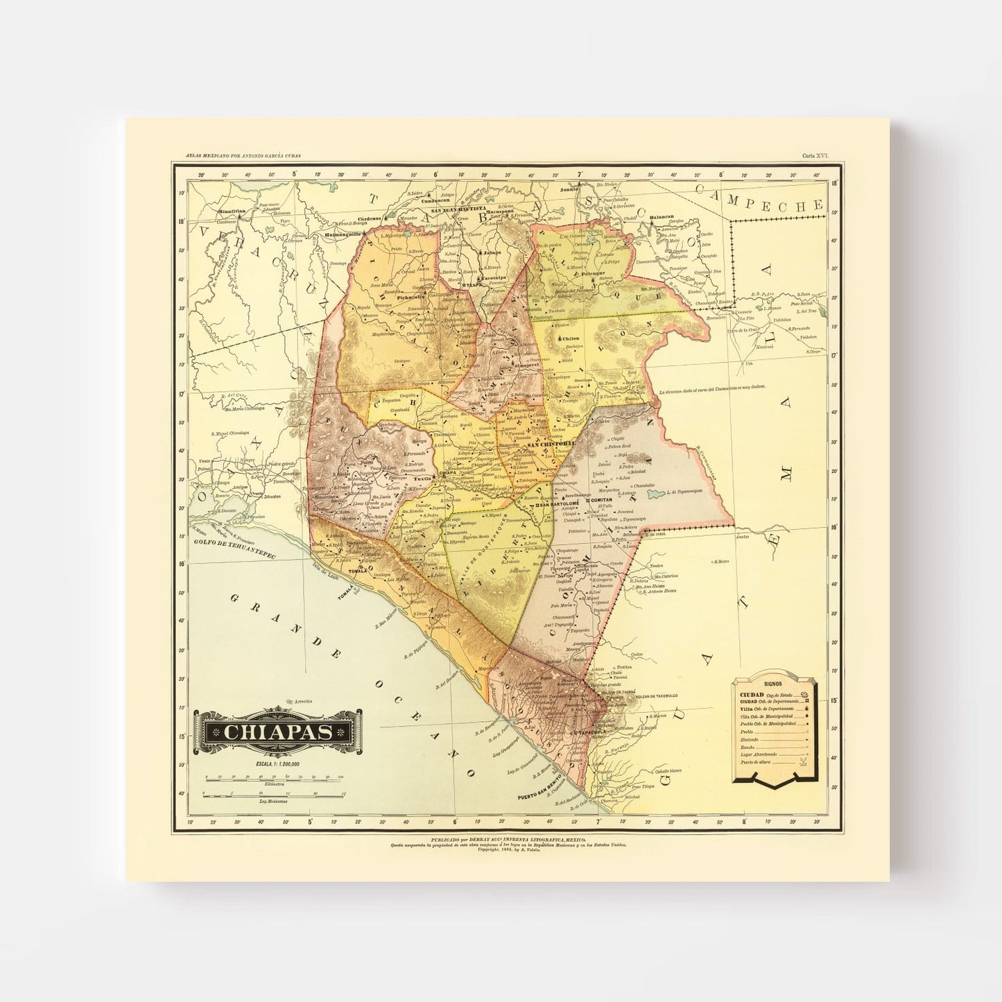 Vintage Map of Chiapas, Mexico, 1886