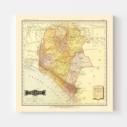 Vintage Map of Chiapas, Mexico, 1886