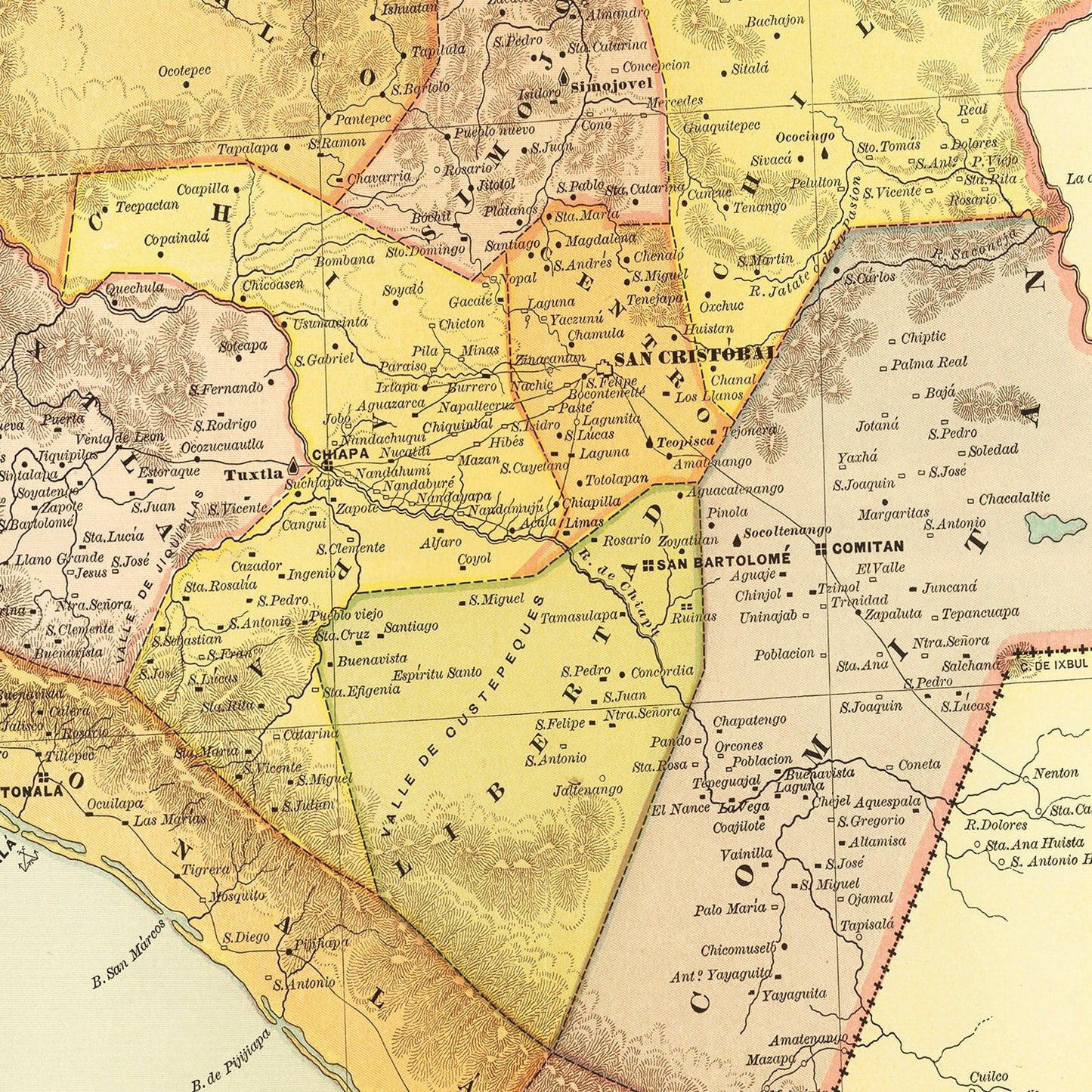 Vintage Map of Chiapas, Mexico, 1886