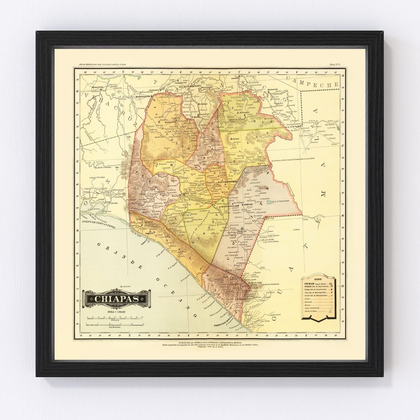 Vintage map of Chiapas, Mexico, 1886, digitally restored