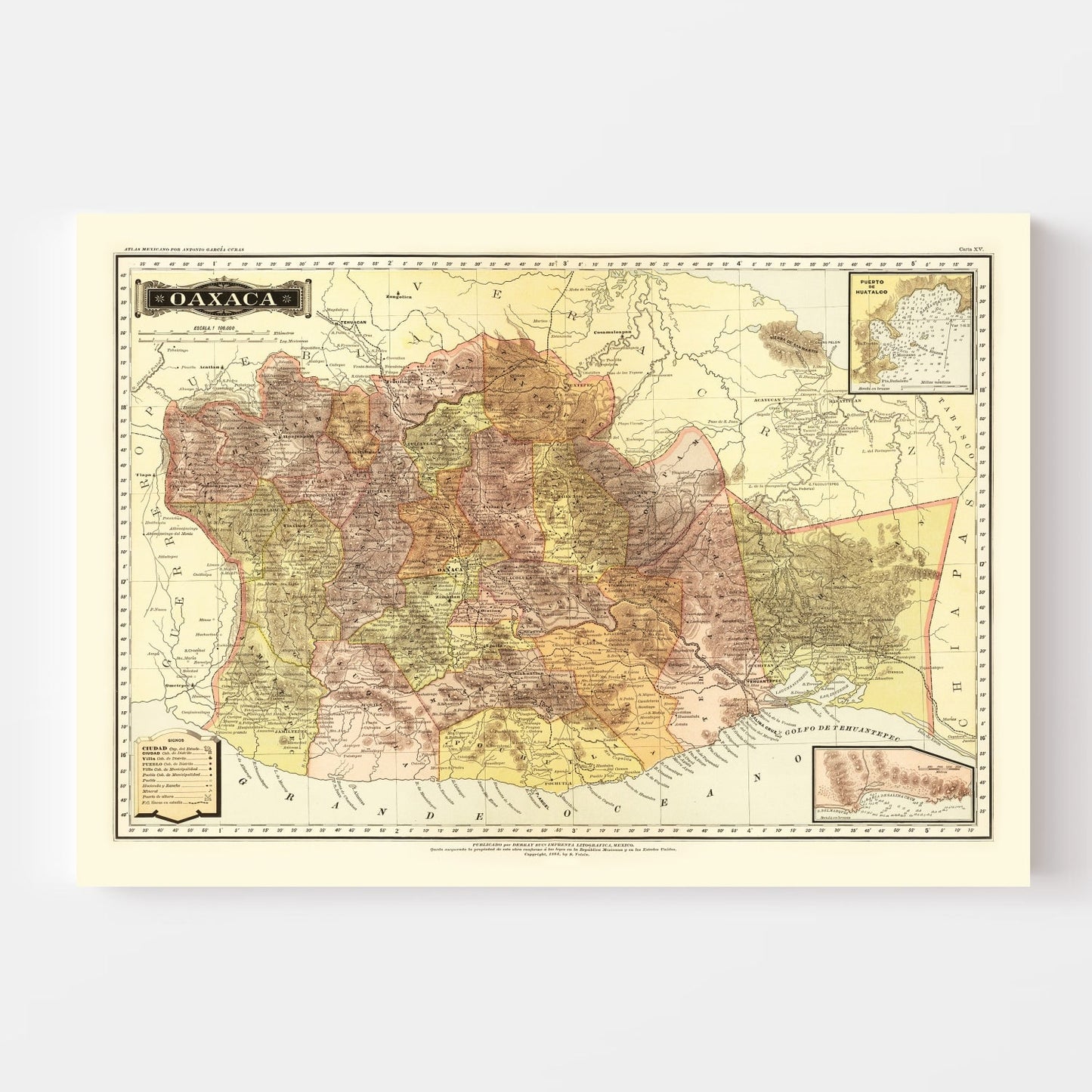 Vintage Map of Oaxaca, Mexico, 1886