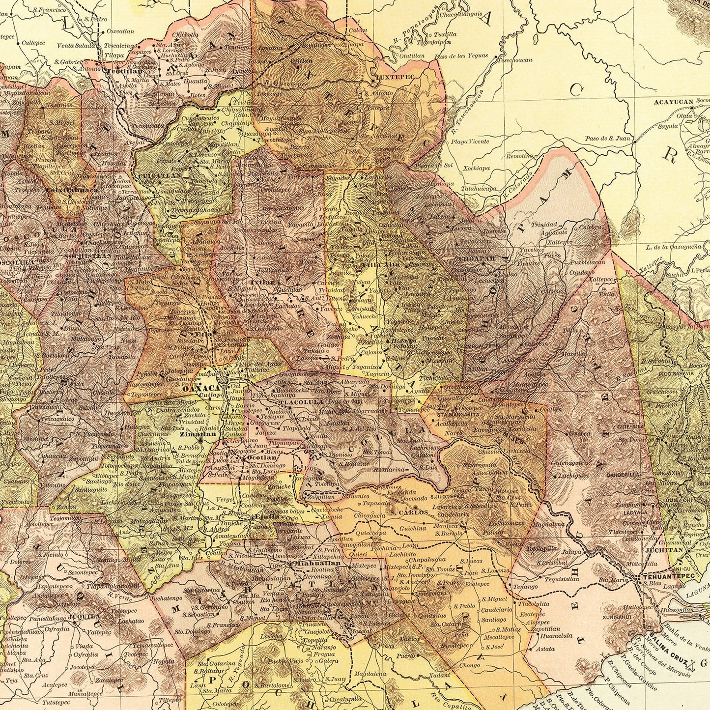 Vintage Map of Oaxaca, Mexico, 1886