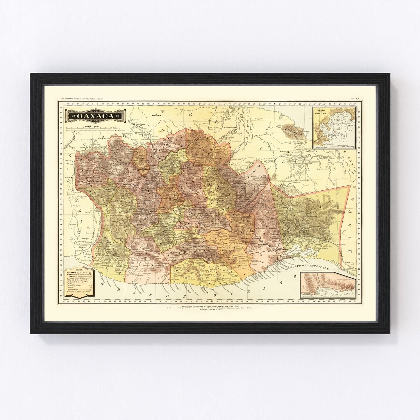 vintage map of Oaxaca, Mexico, 1886