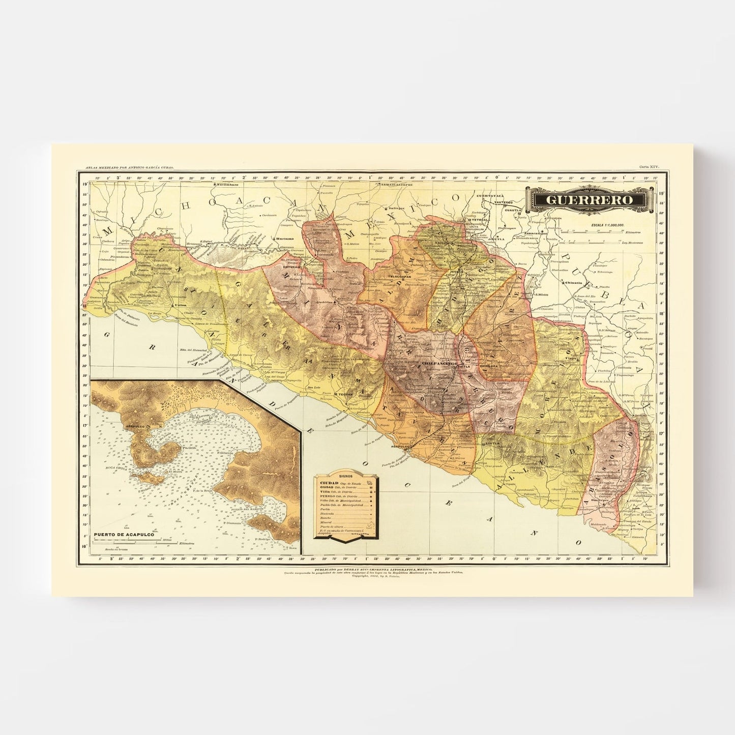 Vintage Map of Guerrero, Mexico, 1886