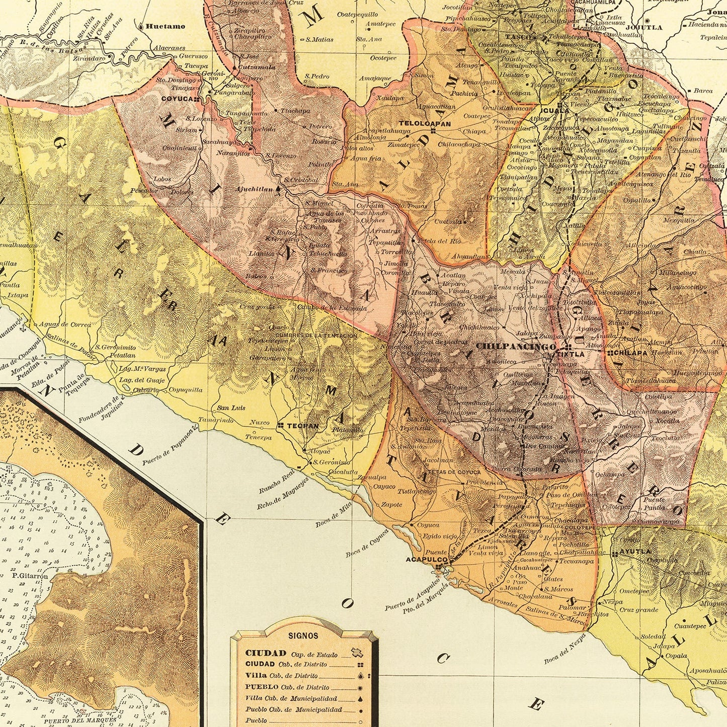 Vintage Map of Guerrero, Mexico, 1886