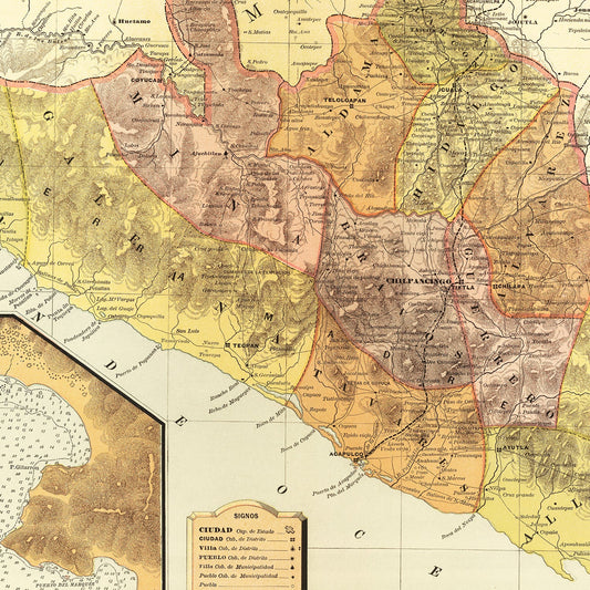 Vintage Map of Guerrero, Mexico, 1886