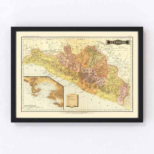 vintage map of Guerrero, Mexico, 1886