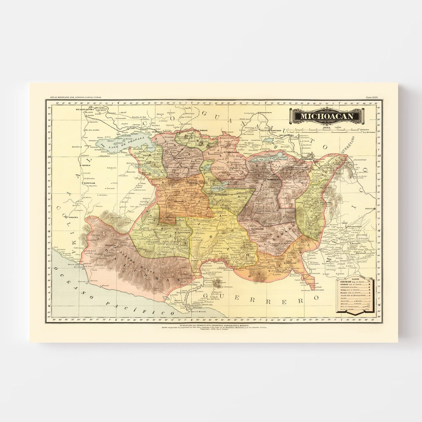 Vintage Map of Michoacan, Mexico, 1886